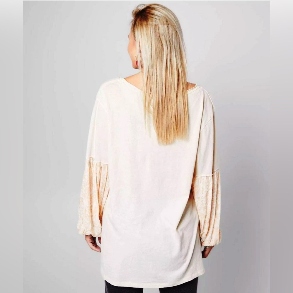 Free People Jade Printed Sleeve Cream Pocket Elegant Women's Top S M L - Picture 3 of 12